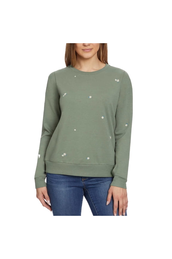Women's Floral Embroidered Crewneck Pullover Sweater Top-Green / XL