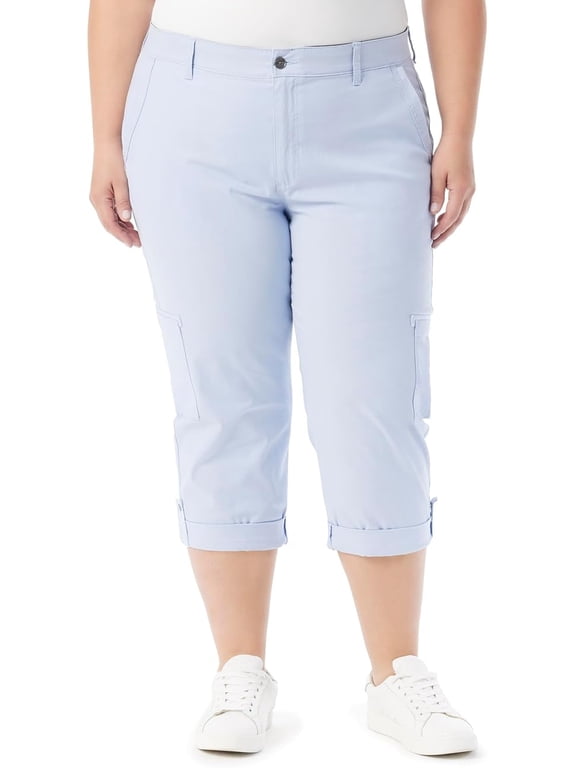 Women's Plus Size Cargo Capri Tab Roll Cuff with Zip Front and Elastic Waist Standard, Dreamy Blue 18 Plus