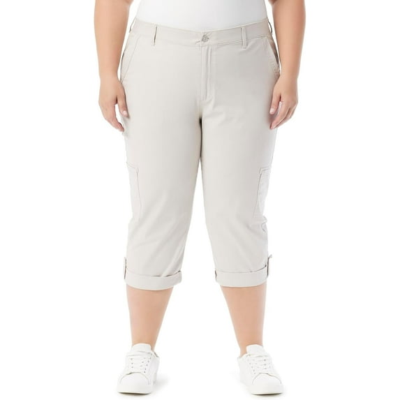 Gloria Vanderbilt Women's Plus Size Cargo Capri Tab Roll Cuff with Zip Front and Elastic Waist Standard, Stonewood 22 Plus