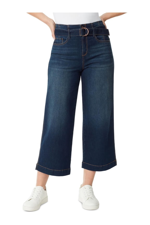 Womens Belted Wide Leg Cropped Jeans