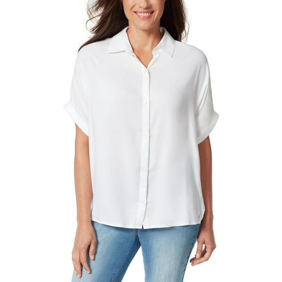 Gloria Vanderbilt Womens Ribbed Cuff Sleeves Button-Down Top