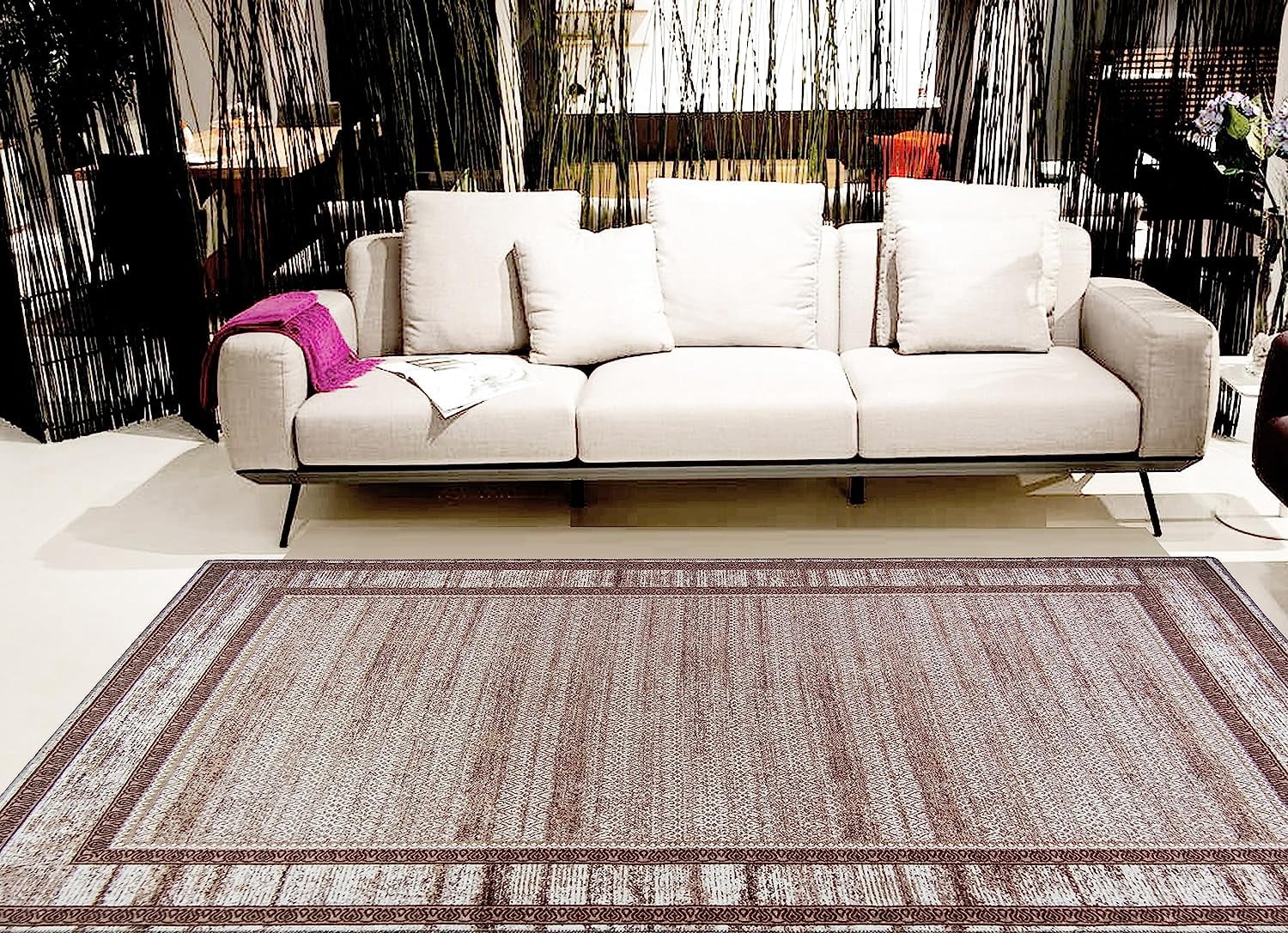 Gloria - Washable Area Rug Low Profile Bordered Washable Runners Anti Slip Backing Rugs for Living Room Light Weight Foldable Carpet