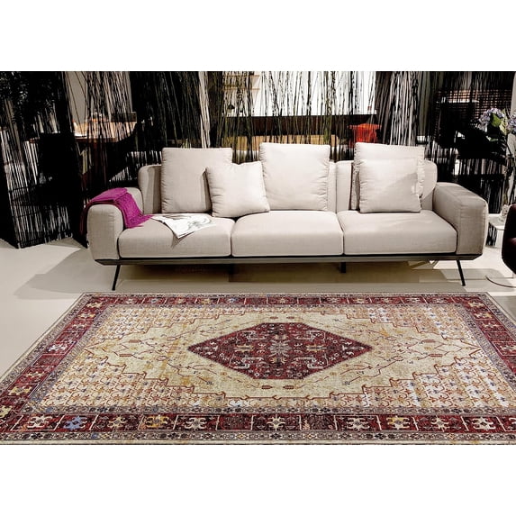 Gloria - Washable Area Rug Low Profile Medallion Washable Runners Anti Slip Backing Rugs for Living Room Light Weight Foldable Carpet