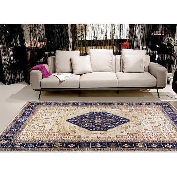 Gloria - Washable Area Rug Low Profile Medallion Washable Runners Anti Slip Backing Rugs for Living Room Light Weight Foldable Carpet
