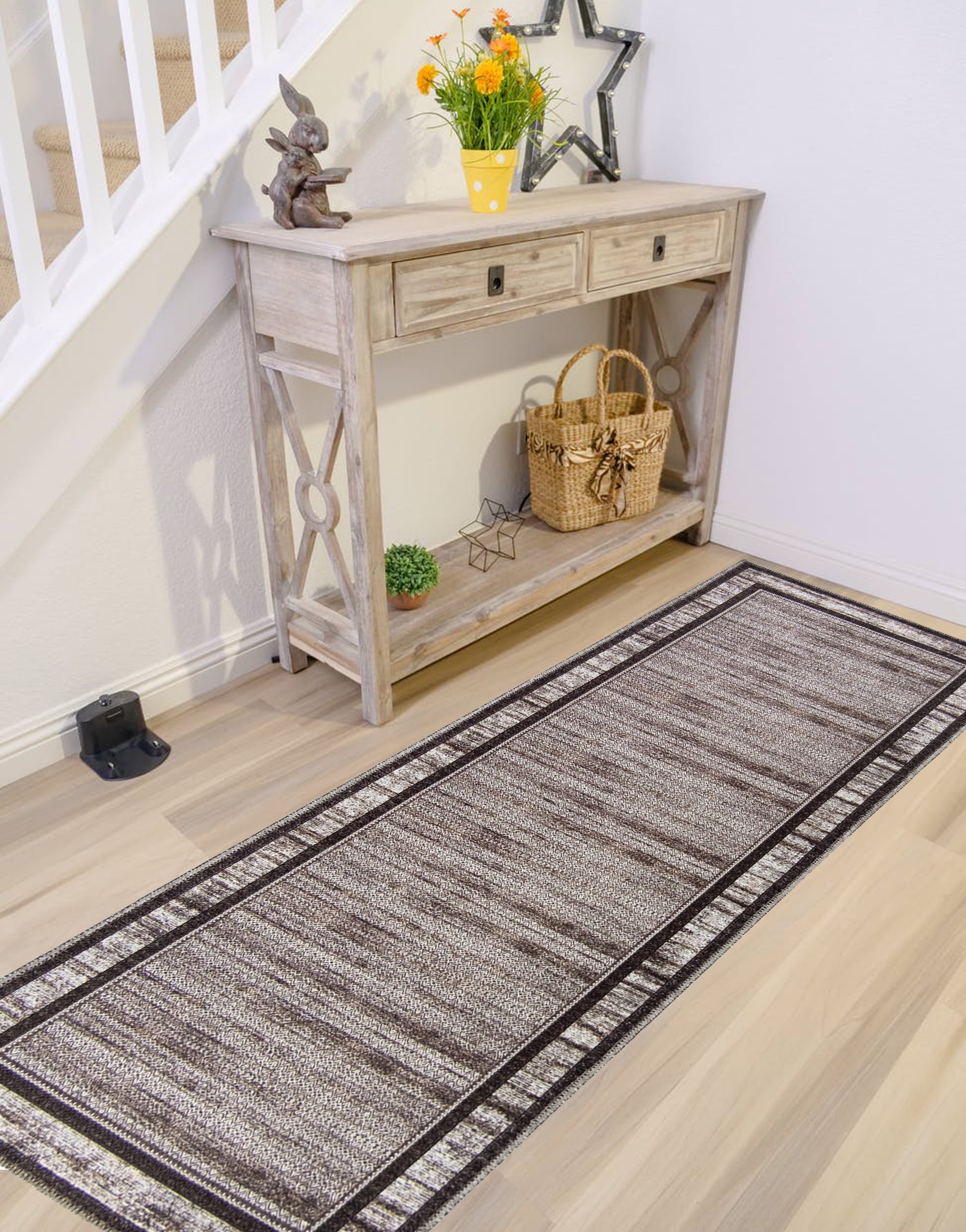 Gloria Washable Rug Runner Low Profile Bordered Rubber Backed Runners Anti Slip Backing Rugs