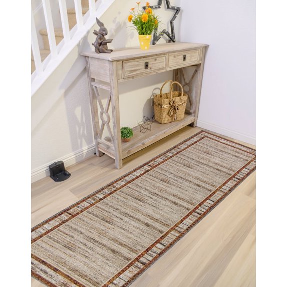Gloria - Washable Rug Runner Low Profile Bordered Rubber Backed Runners Anti Slip Backing Rugs for Living Room Light Weight Foldable Area Carpet