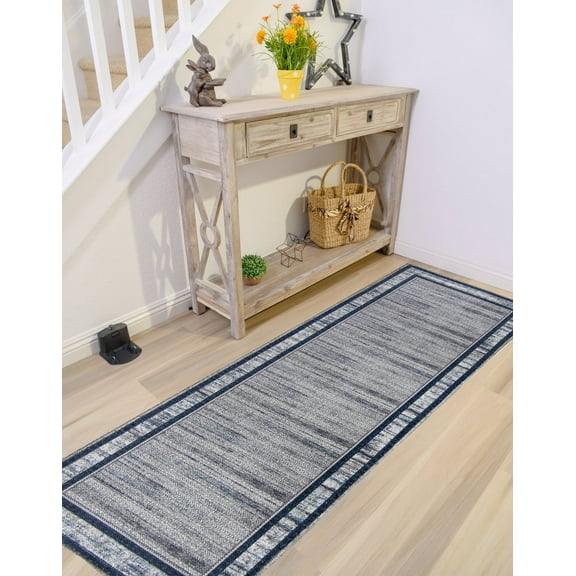 Gloria - Washable Rug Runner Low Profile Bordered Rubber Backed Runners Anti Slip Backing Rugs for Living Room Light Weight Foldable Area Carpet
