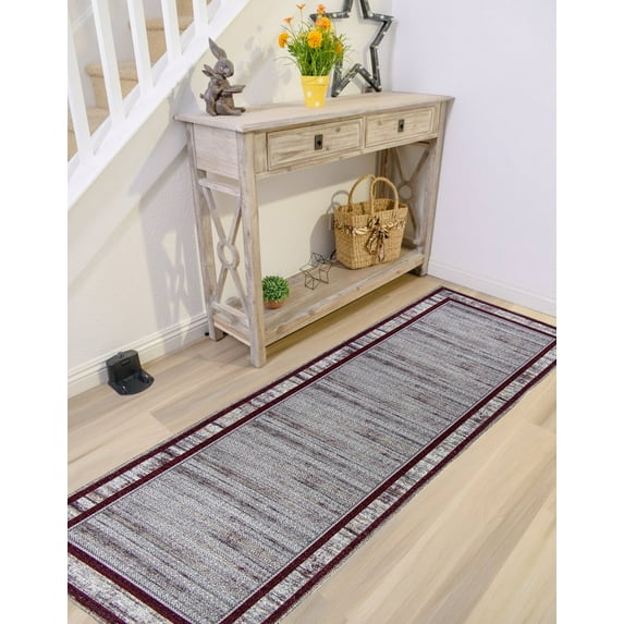 Gloria - Washable Rug Runner Low Profile Bordered Rubber Backed Runners Anti Slip Backing Rugs for Living Room Light Weight Foldable Area Carpet