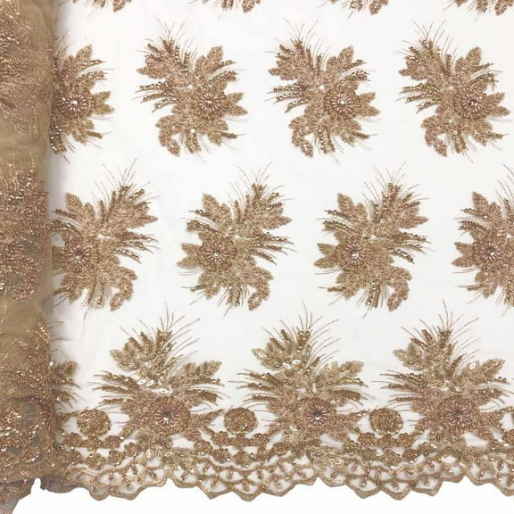 Gloriosa Bridal Lace Sequins Beaded Scallop Fabric for Dresses 52’’ BTY (Champagne)