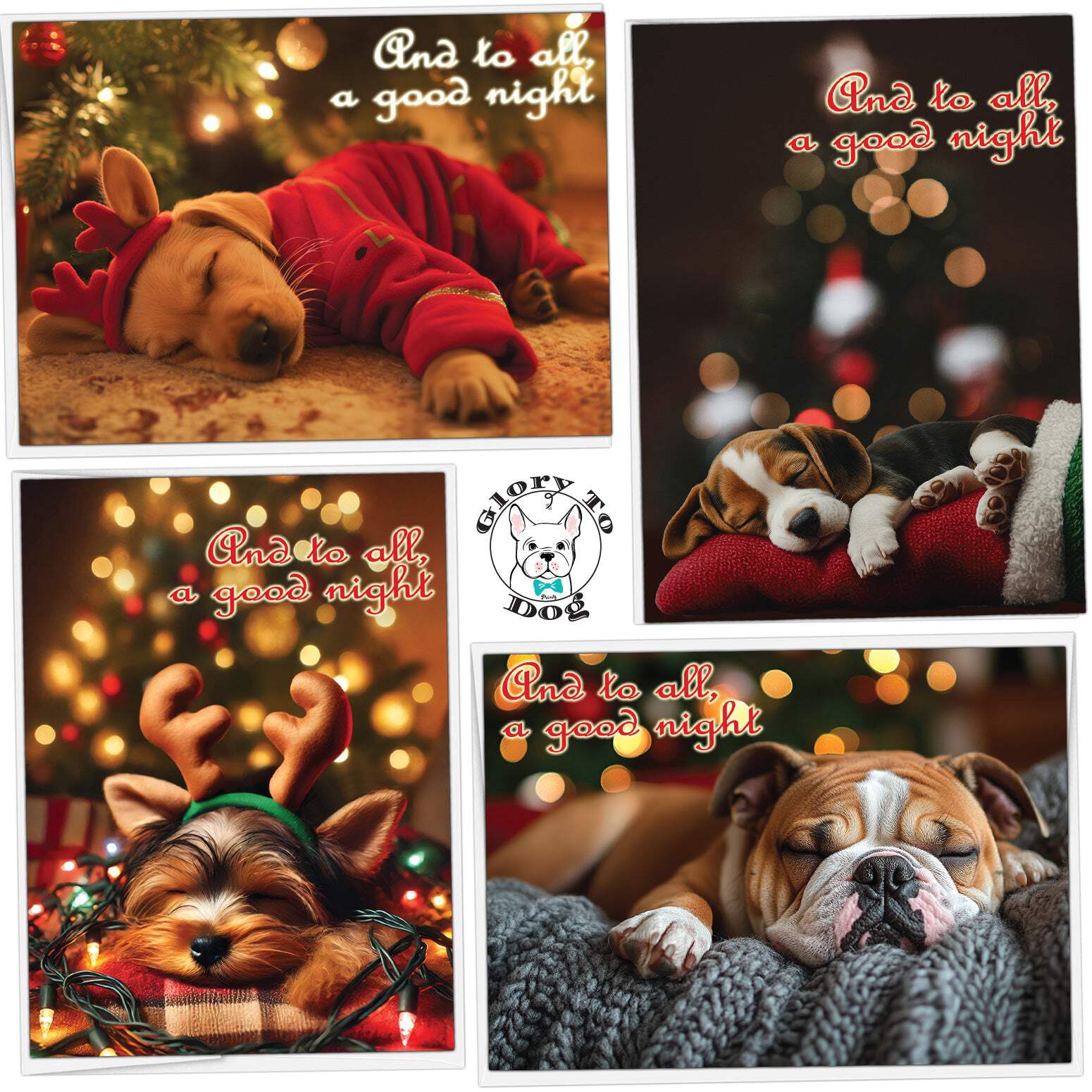 Glory To Dog And to All A Good Night Variety II (2025) Christmas Card Boxed Set of 12 Seasonal Greeting Cards (3 Each of 4 Sleepy Puppy Dog Designs) and Mailing Envelopes