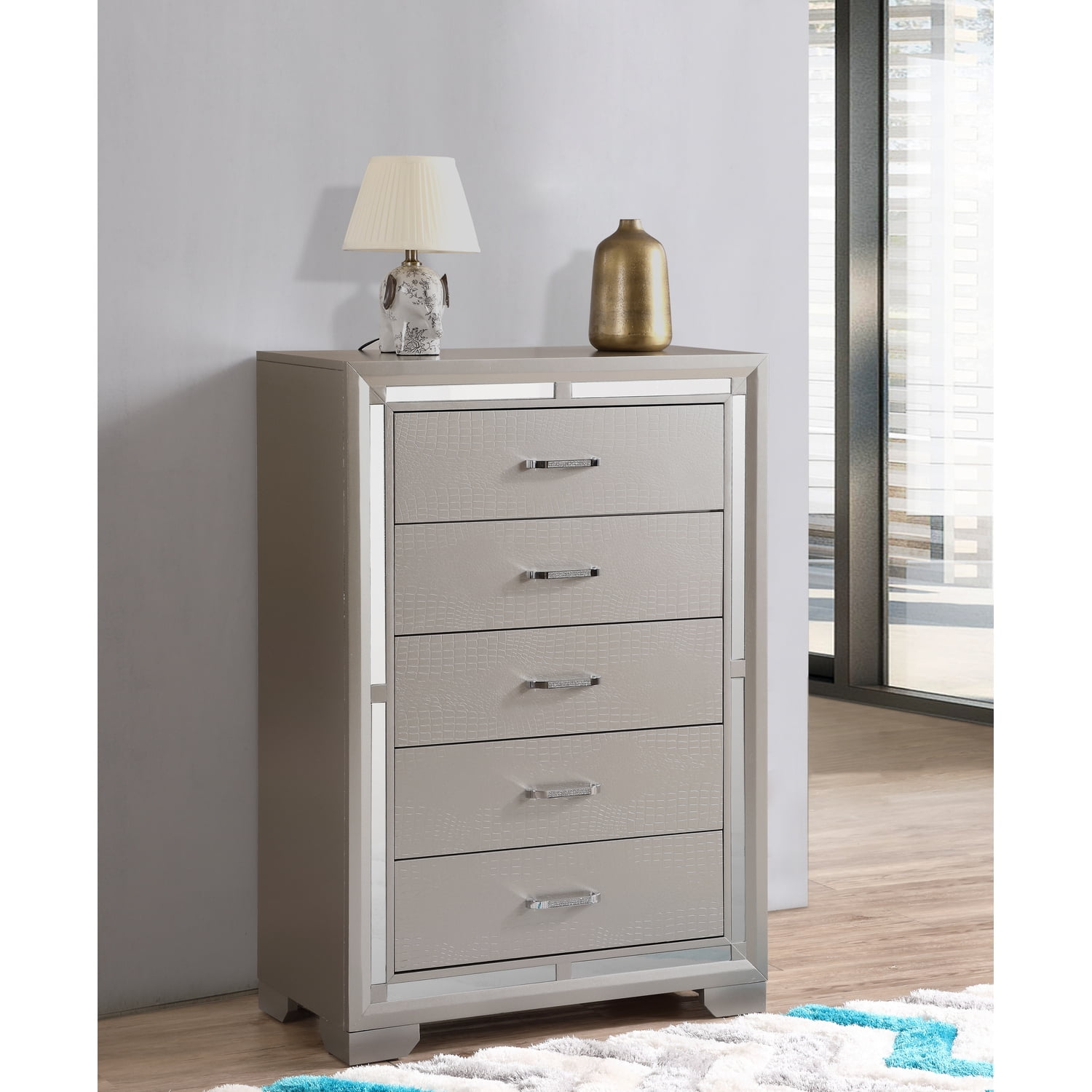 Alana Silver Champagne Mirrored 5-Drawer Glam Chest