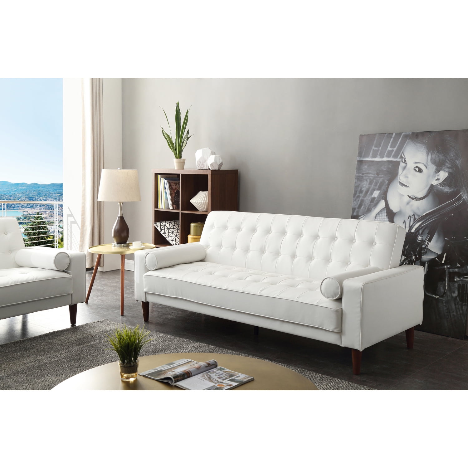 85'' White Faux Leather Tufted Loveseat with Wood Legs