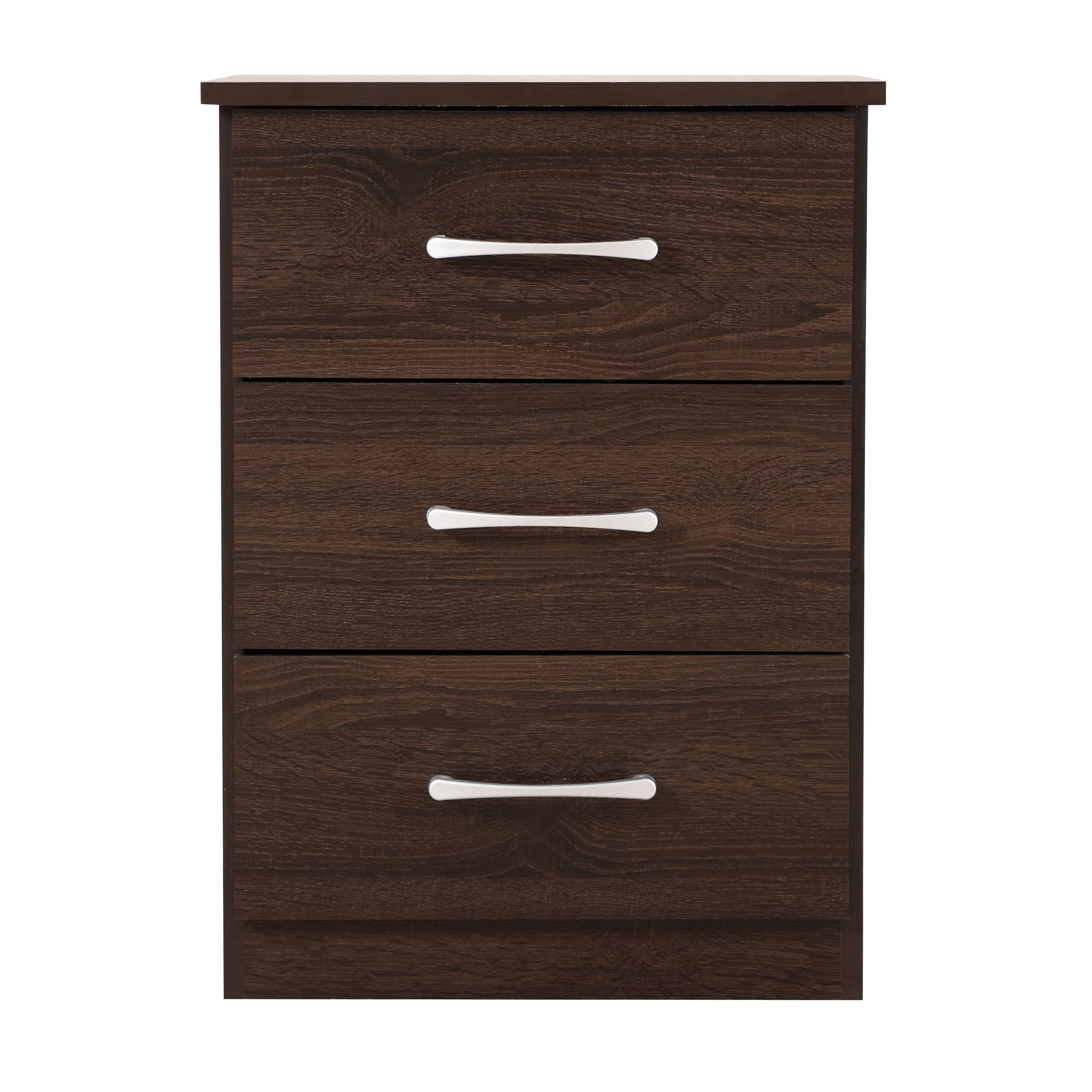 Modern Walnut 3-Drawer Nightstand with Satin Nickel Hardware