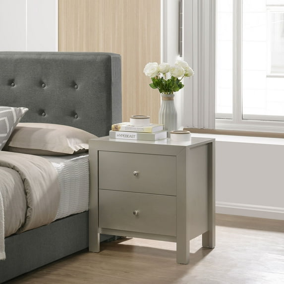Glory Furniture Burlington 2 Drawer Wood Nightstand Table, Gray, Silver Champagne