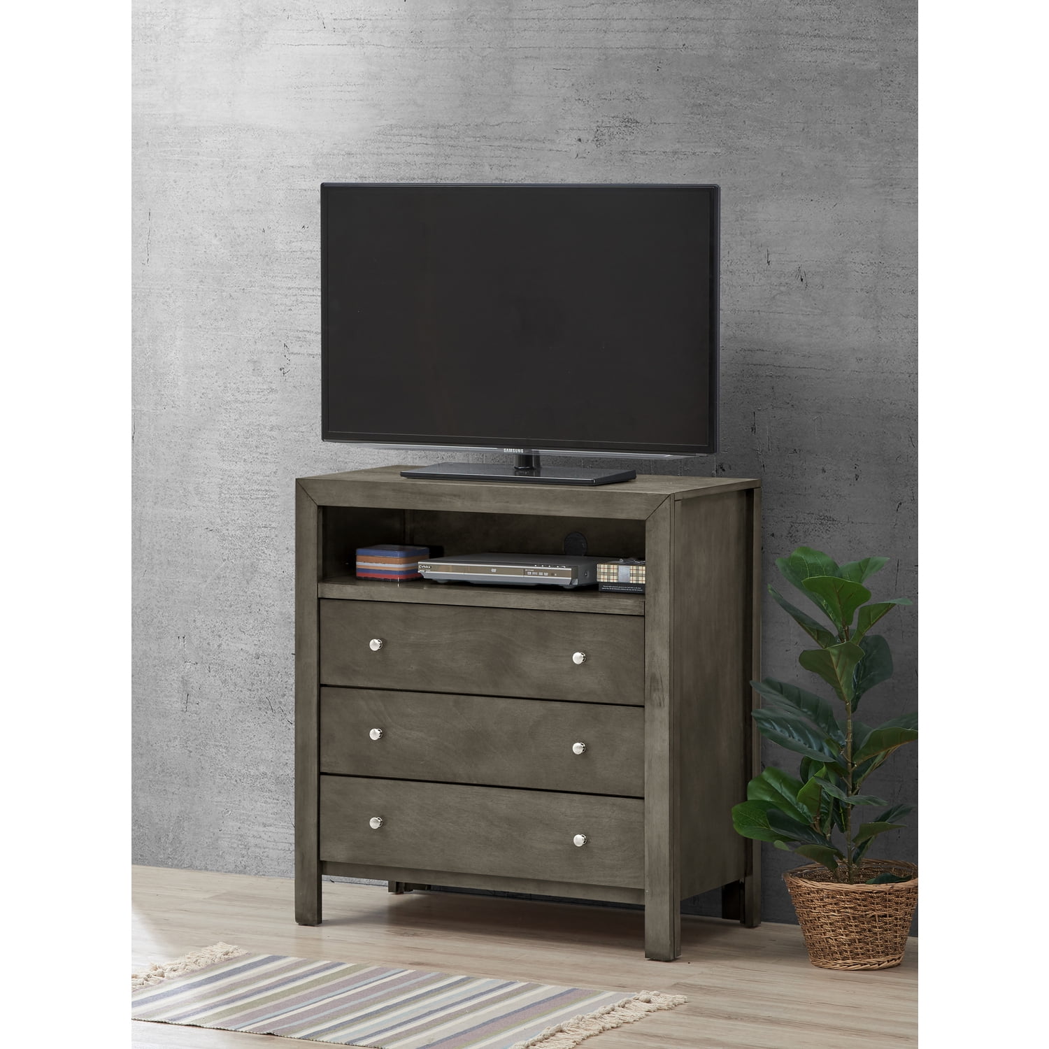 Gray Wood Veneer 3-Drawer Media Chest with Cabinet