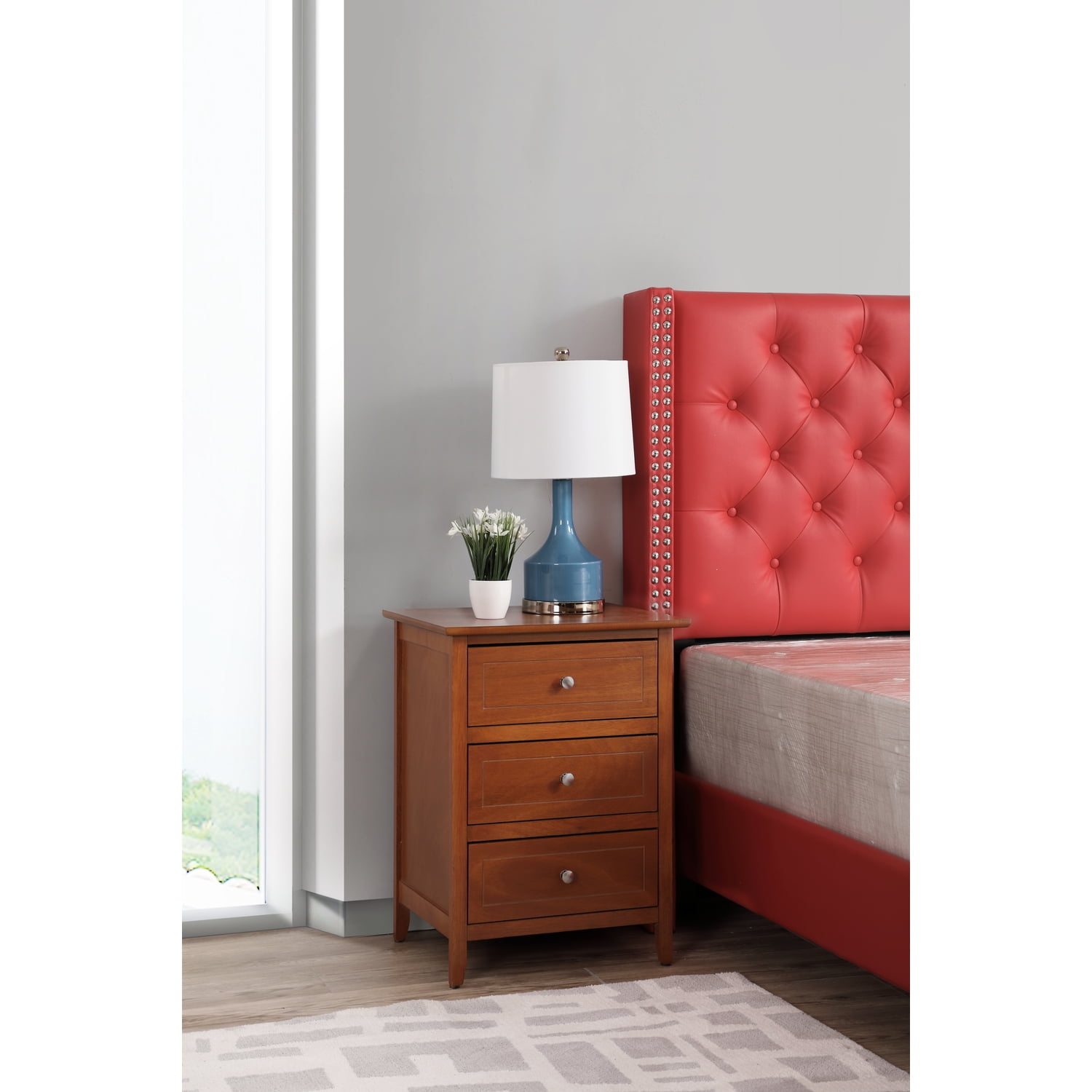 Oak 3-Drawer Wooden Nightstand with Nickel Hardware