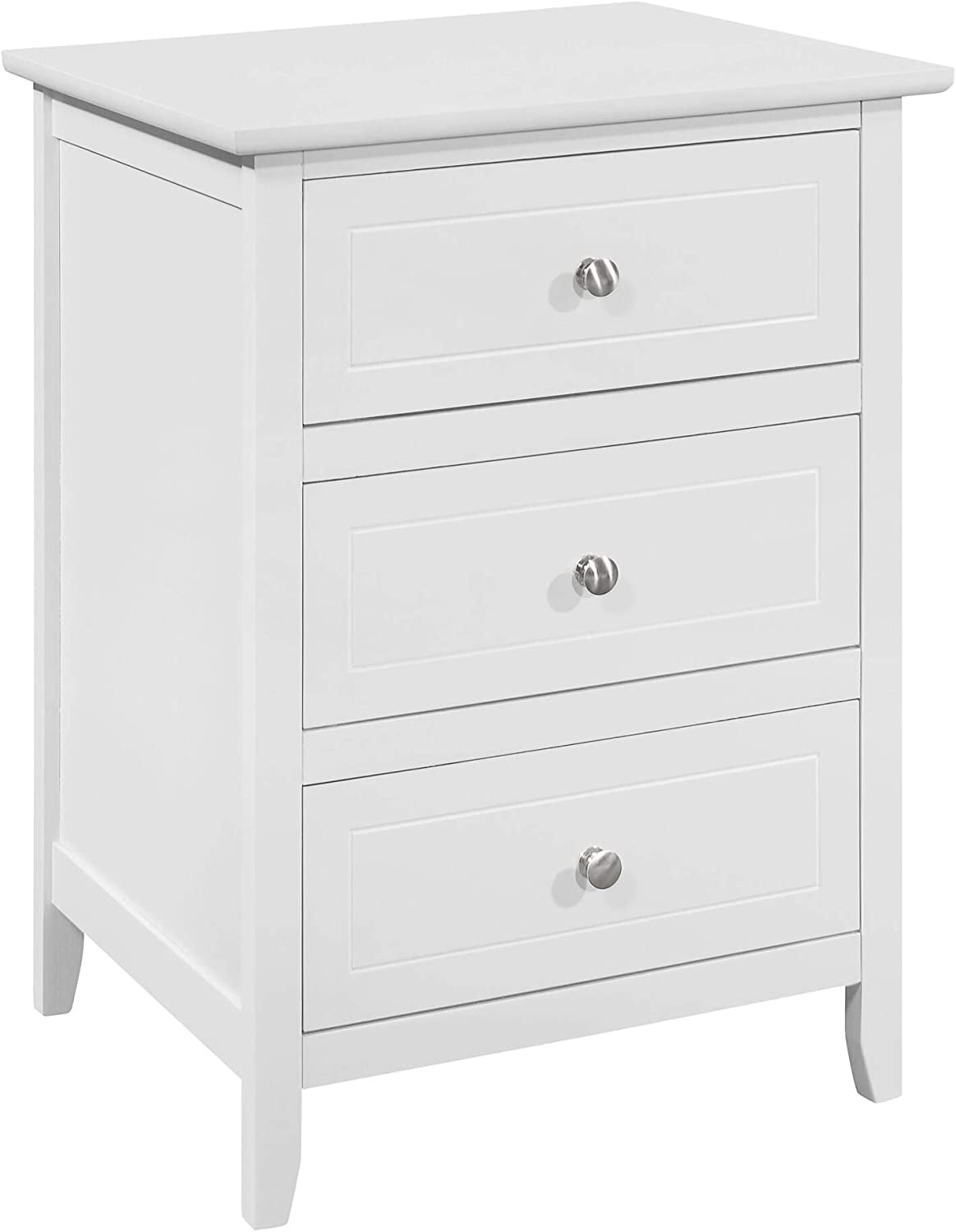 White Wood 3-Drawer Nightstand with Nickel Hardware