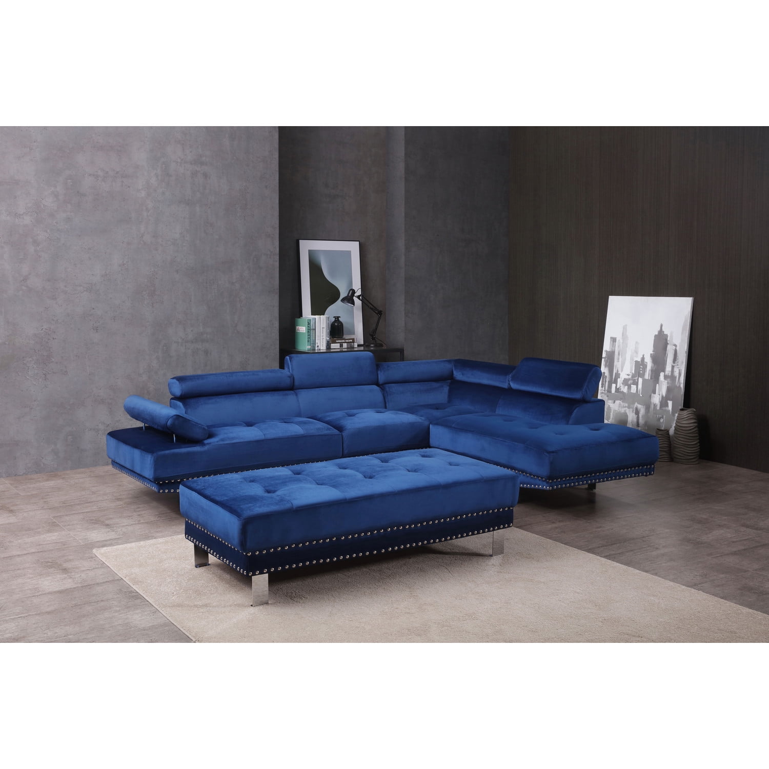 Glory Furniture Derek Velvet Sectional in Navy Blue