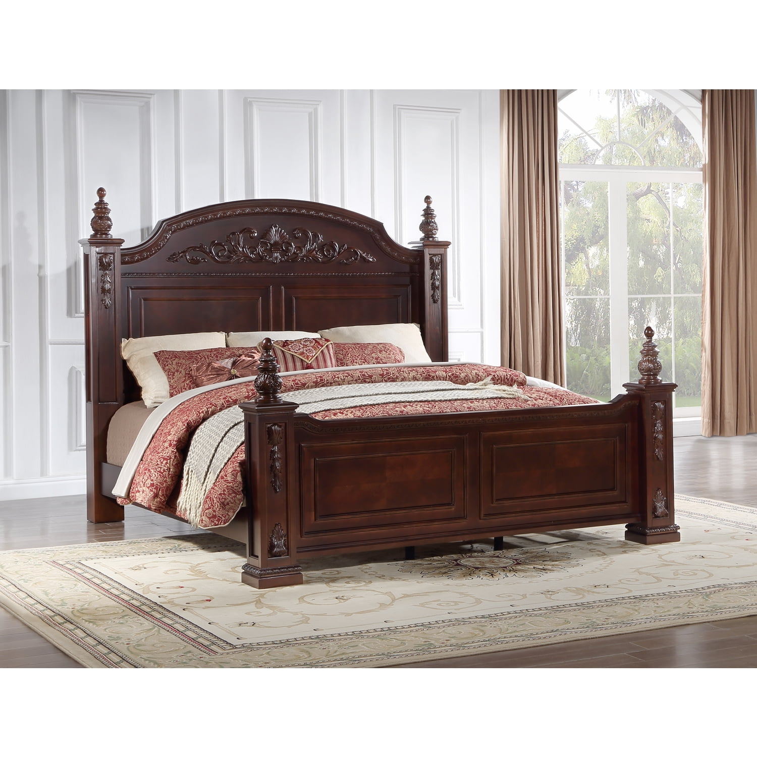Cherry Queen Poster Bed with Intricate Headboard and Posts