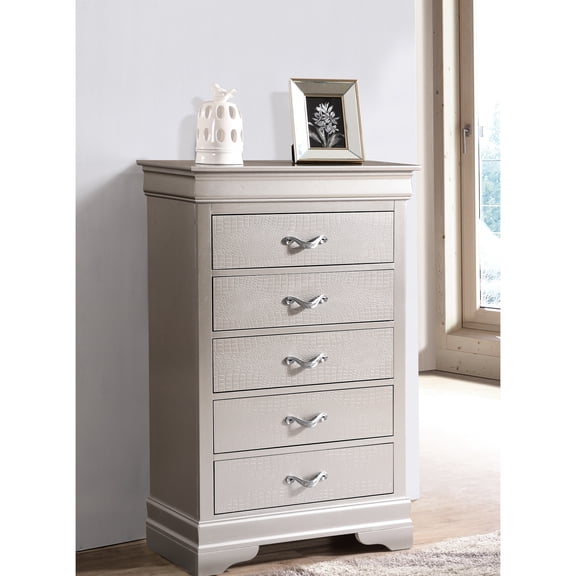 Glory Furniture G6500 Chest In Silver Champagne - Classic Style With Pulls & Decorative Crystals Textured Front Fully Assembled At Factory Particle Board 31 In. Depth X 16 Width 48 Height 76 Lb.