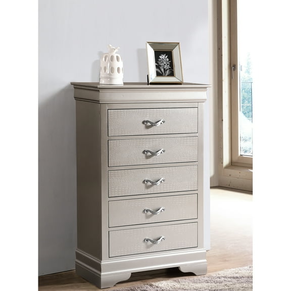 Glory Furniture G6500 Chest, Silver Champagne - Traditional Look With Pulls & Decorative Faux Crystals Textured Front Fully Assembled Particle Board 31 In. Depth X 16 Width 48 Height 76 Lb. Weight