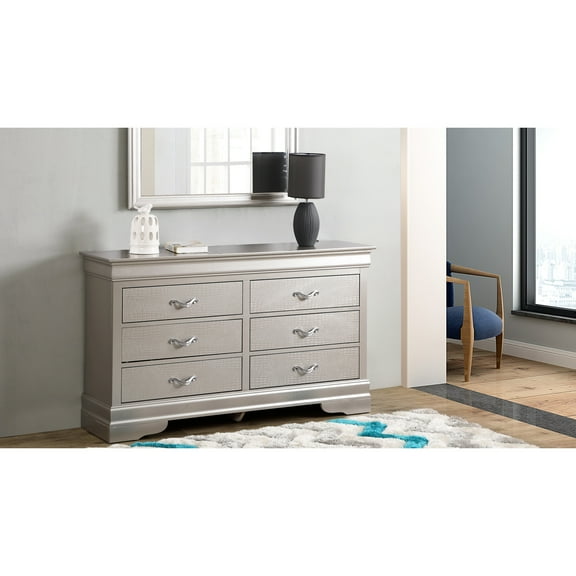 Glory Furniture G6500-d Silver Champagne Dresser - Traditional Look Transformed With Pulls & Faux Crystals Textured Fully Assembled Particle Board 59.02in.d X 16.02in.w 33.07in.h 97.13lb Design