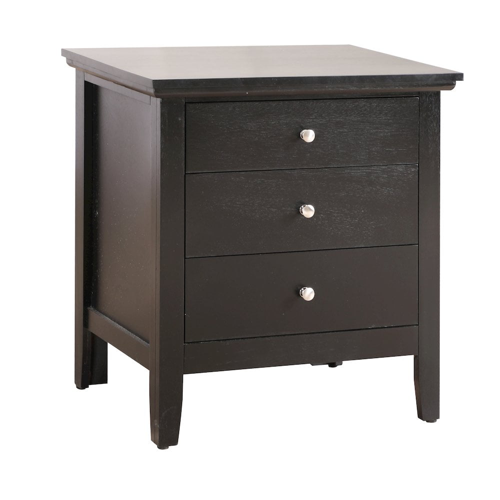 Transitional Nickel-Handled 3-Drawer Nightstand in Black