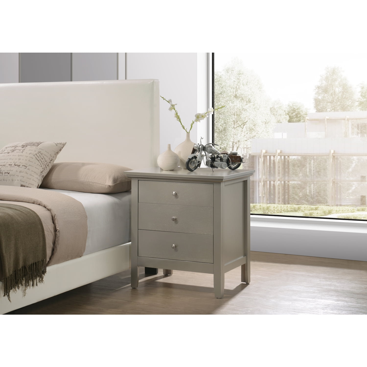 Hammond 3-Drawer Silver Champagne Wood Nightstand