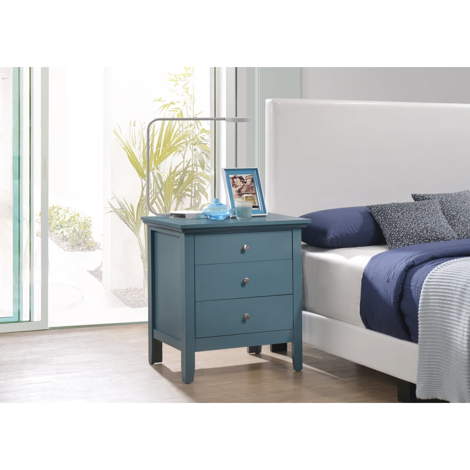 Teal Blue 3-Drawer Solid Wood Nightstand