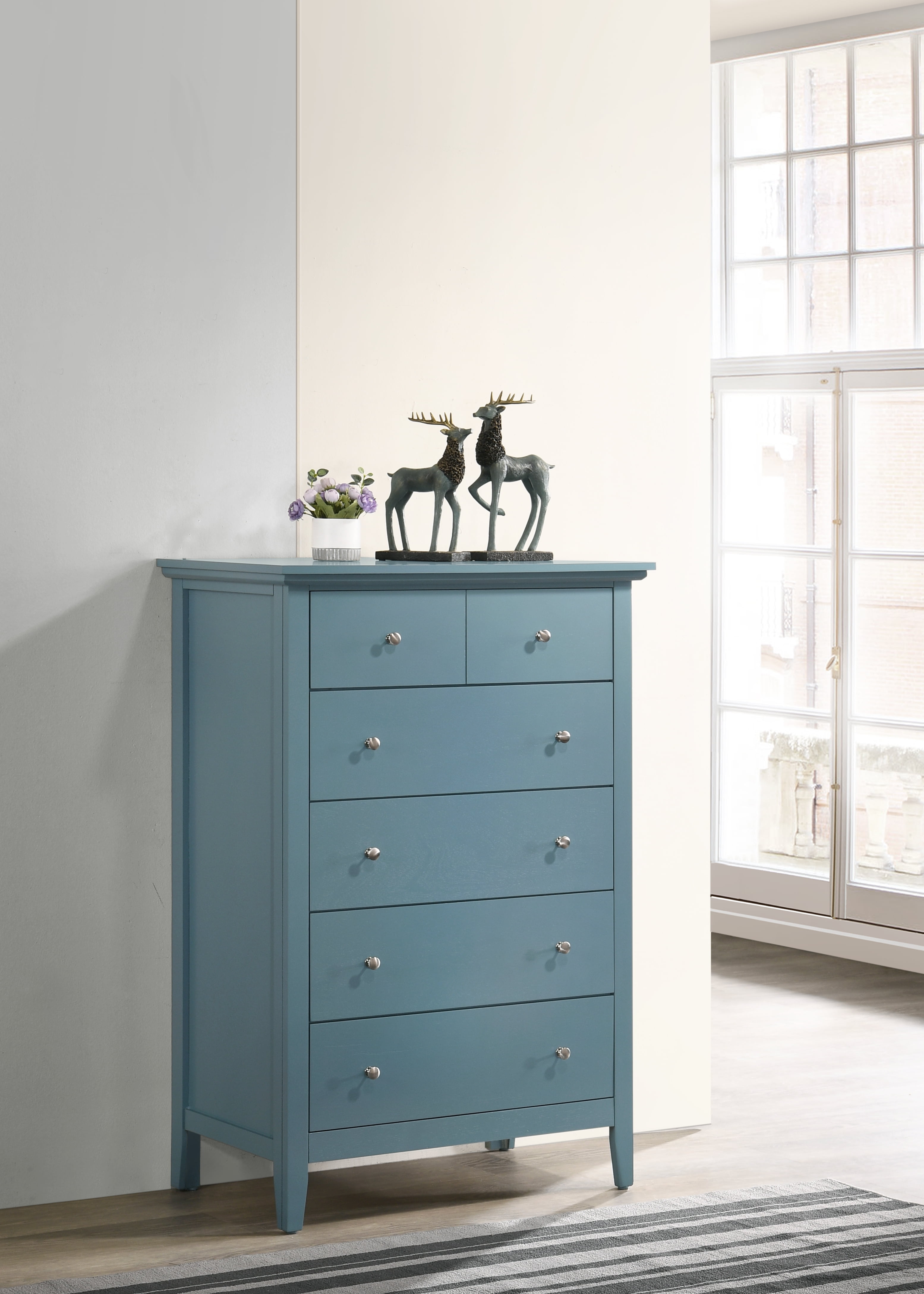 Teal Tall Chest with Dovetail Drawers and Wood Veneer