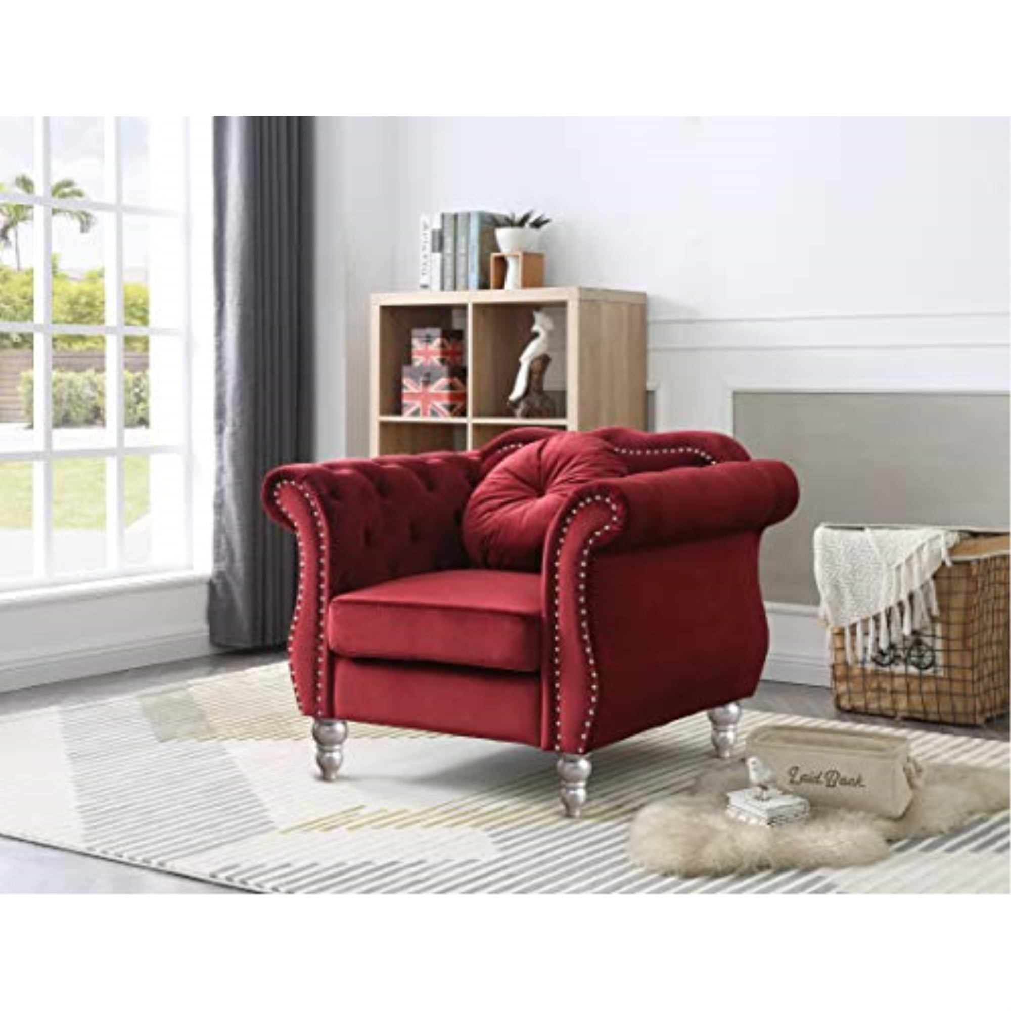 Ivory Velvet Rolled Arm Accent Chair with Button Detail