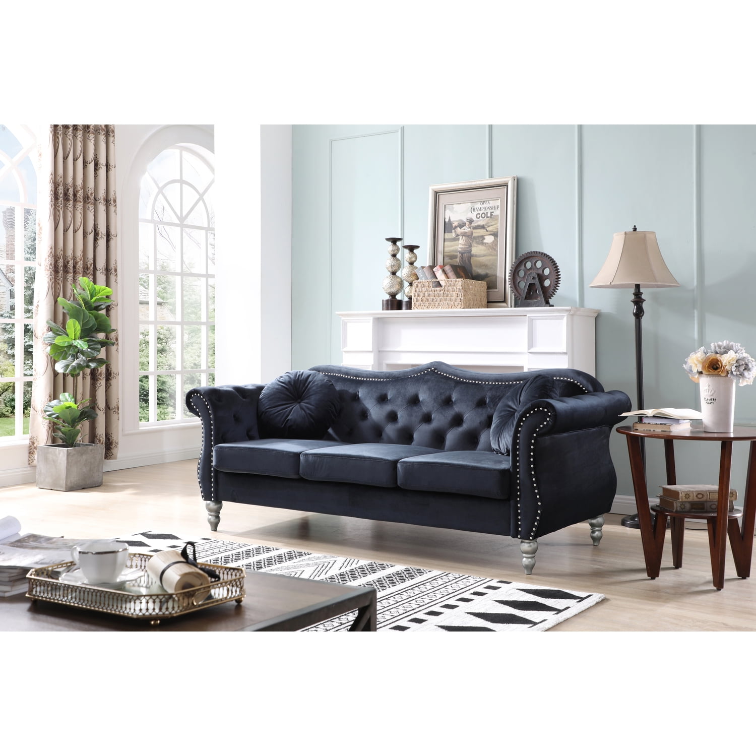 Hollywood Glam 82'' Tufted Black Velvet Sofa with Nailhead Accents