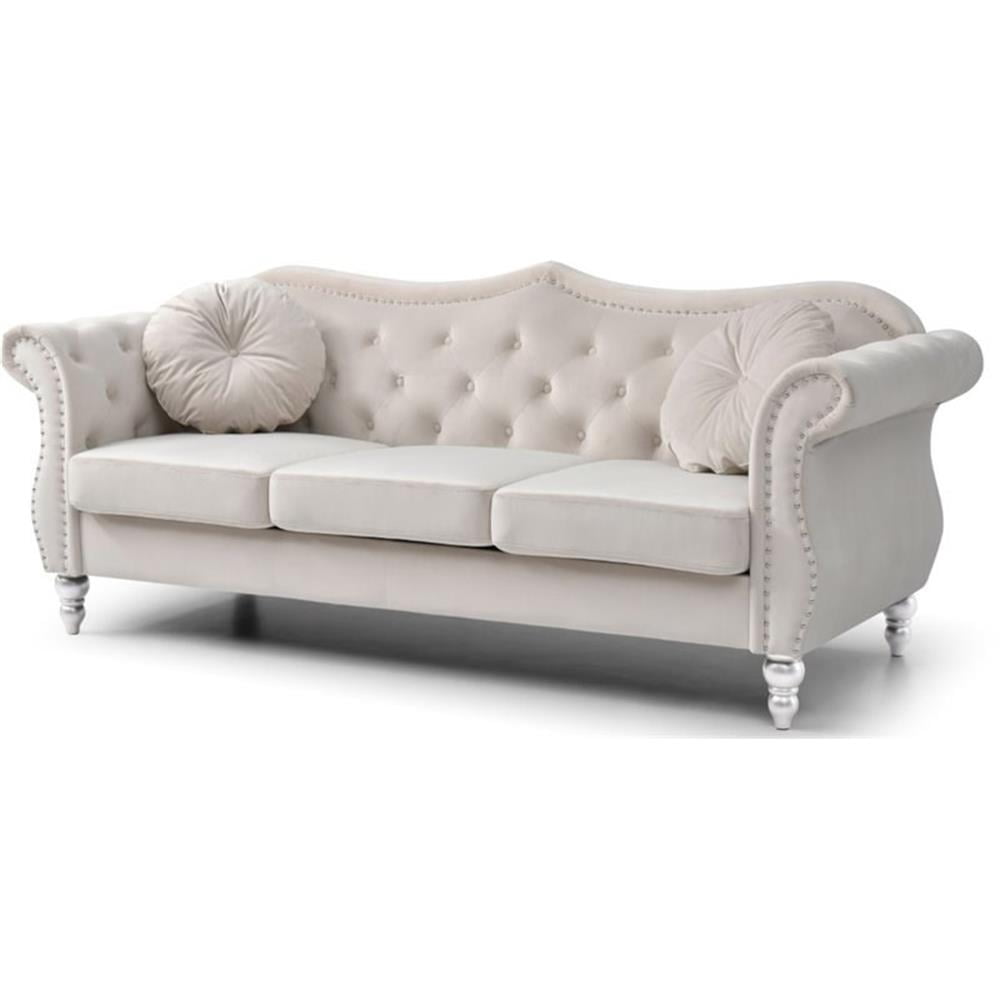 Ivory Tufted Velvet Sofa with Nailhead Trim and Wood Legs