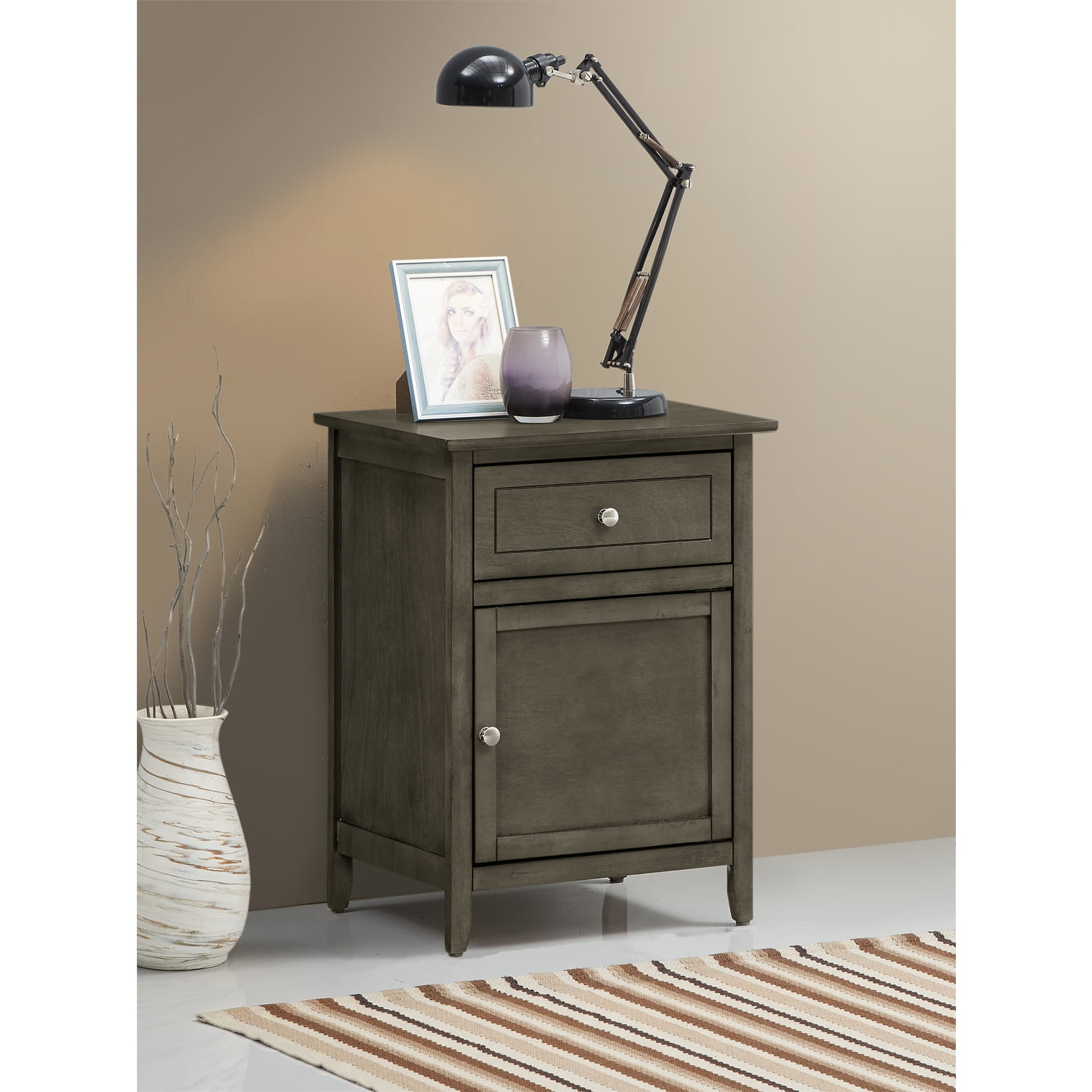 Transitional Gray Wood and Nickel Single Drawer Nightstand
