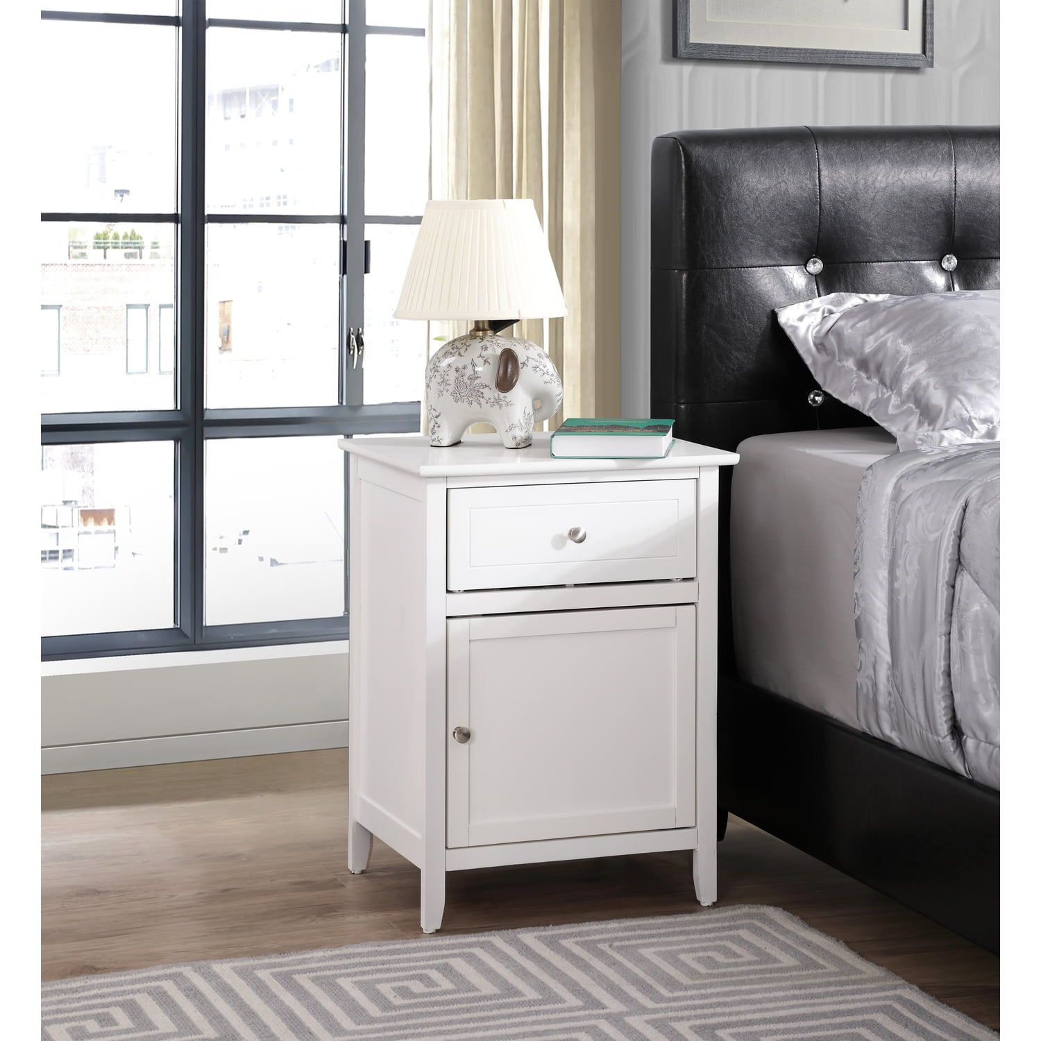 Transitional White Wood and Nickel 1-Drawer Nightstand