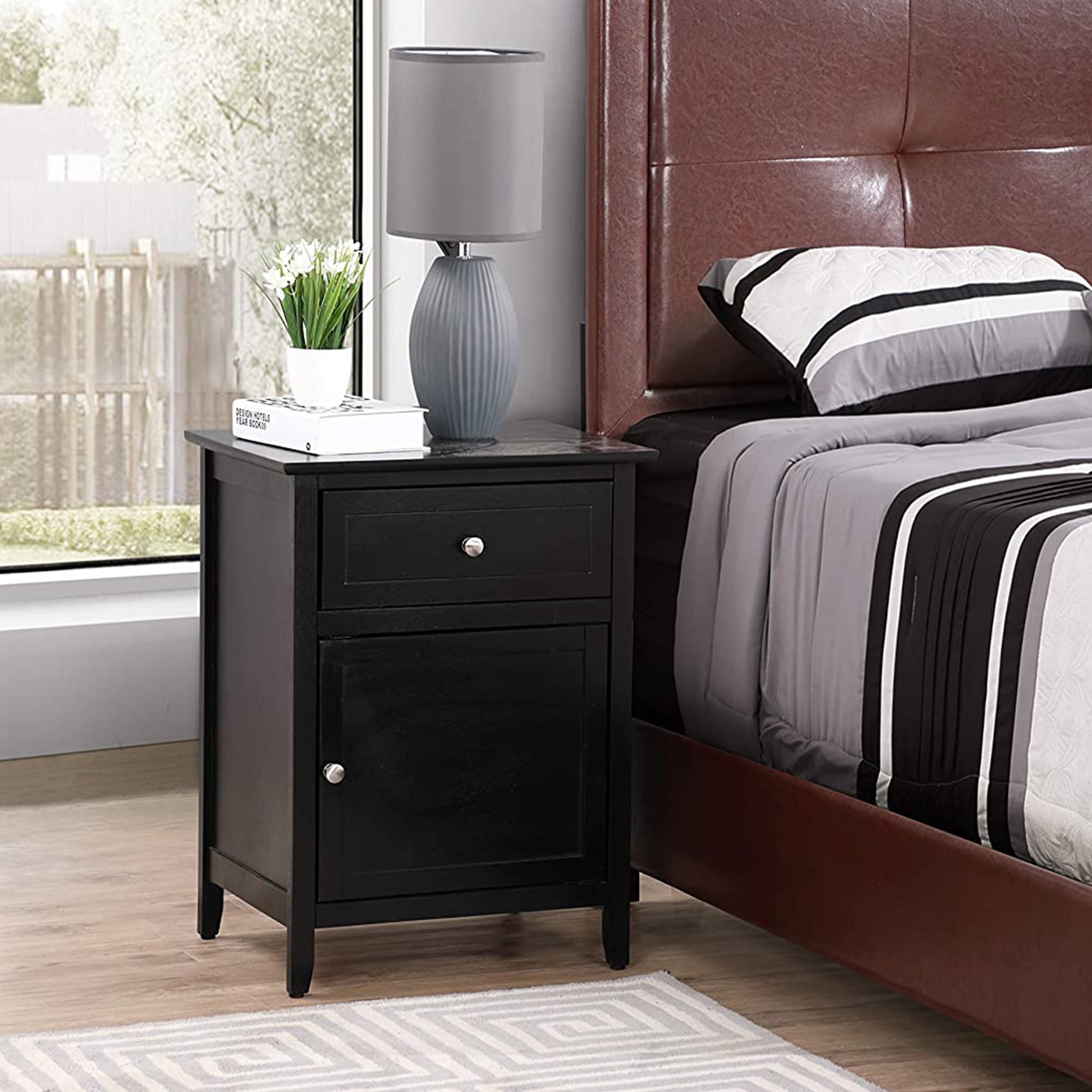 Black Wood Nightstand with Drawer and Storage Door
