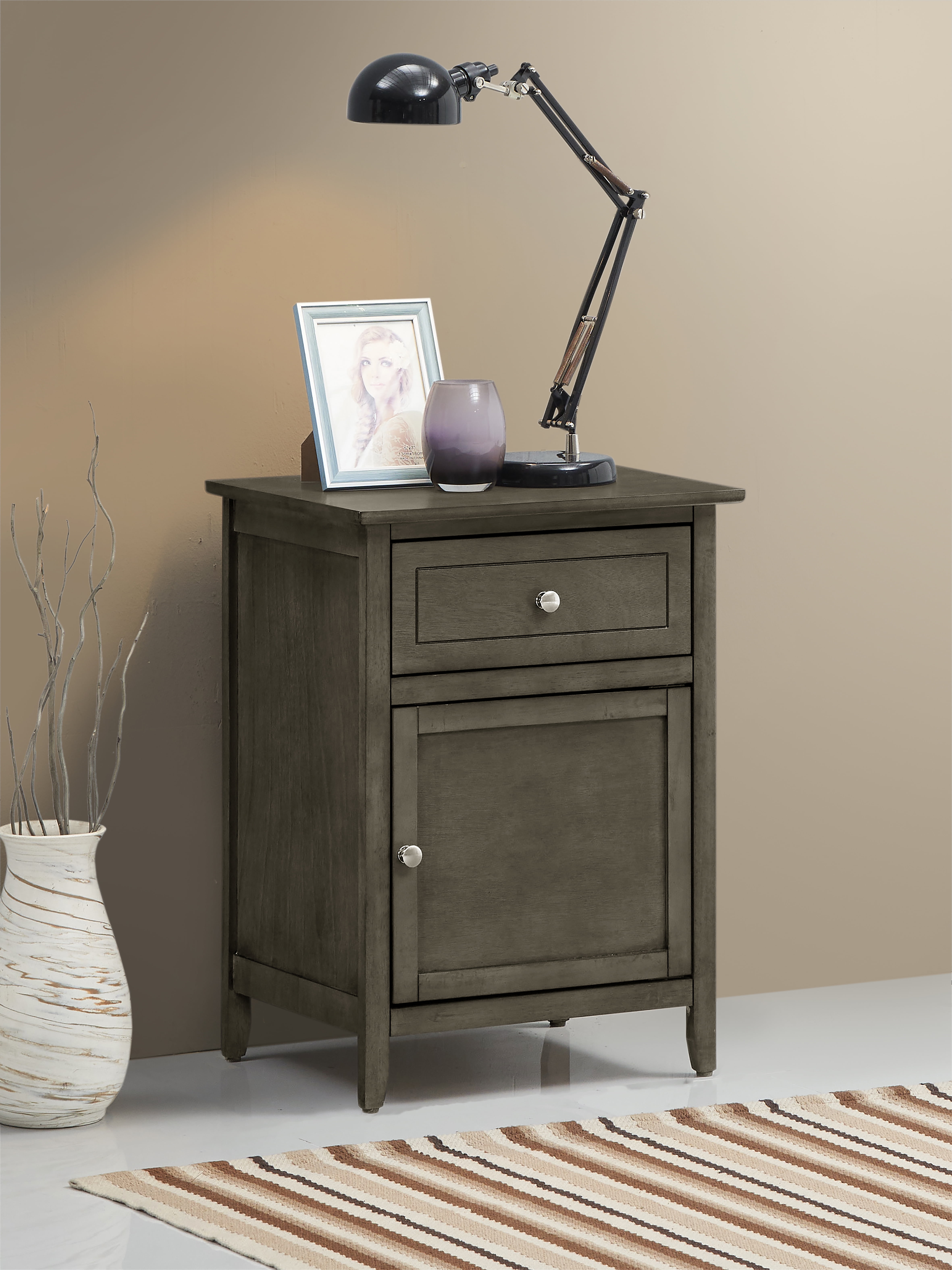 Transitional Gray Wood and Nickel Single Drawer Nightstand