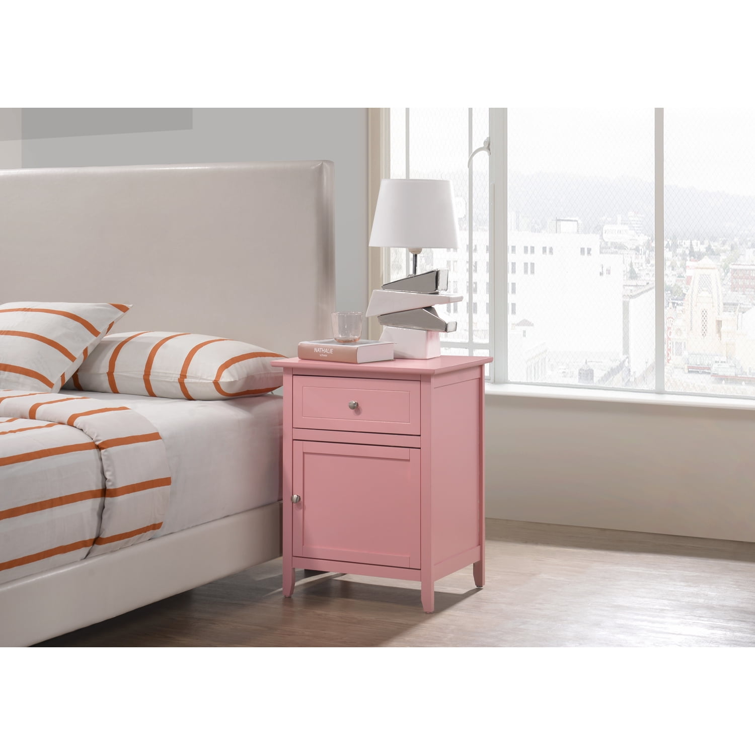 Transitional Pink 1-Drawer Nightstand with Nickel Handles