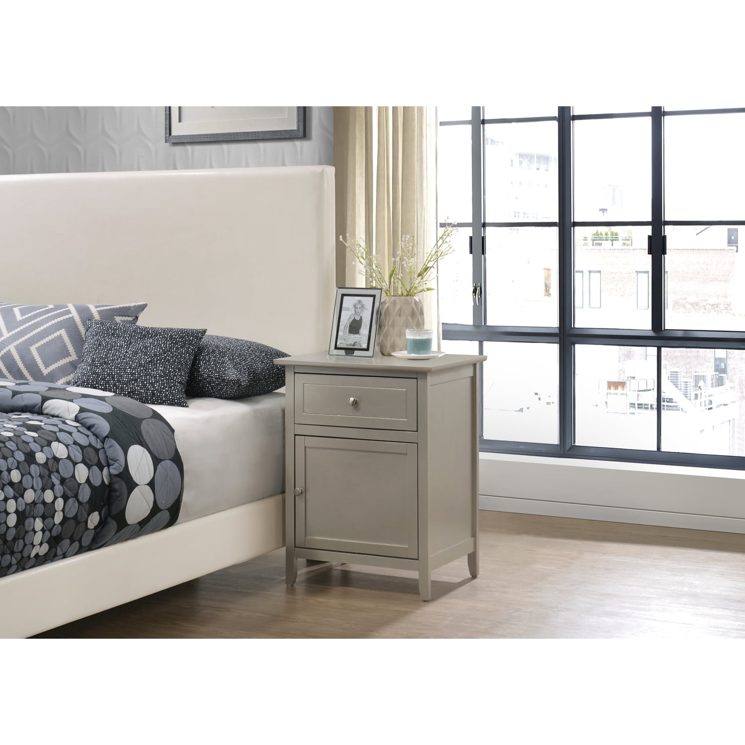 Transitional Silver Champagne Wood & Nickel 1-Drawer Nightstand