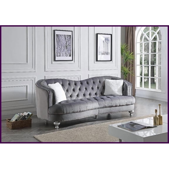 Glory Furniture Jewel Glam Gray Micro Suede Velvet Sofa Deep Tufting & Hand-Applied Nailhead Trim