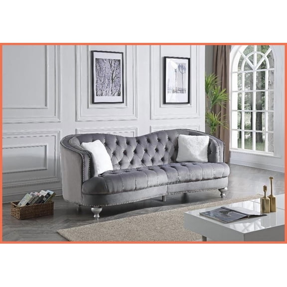 Glory Furniture Jewel Gray Glam Micro Suede Velvet Sofa with Deep Tufting & Nailhead Trim Ideal for Living Room