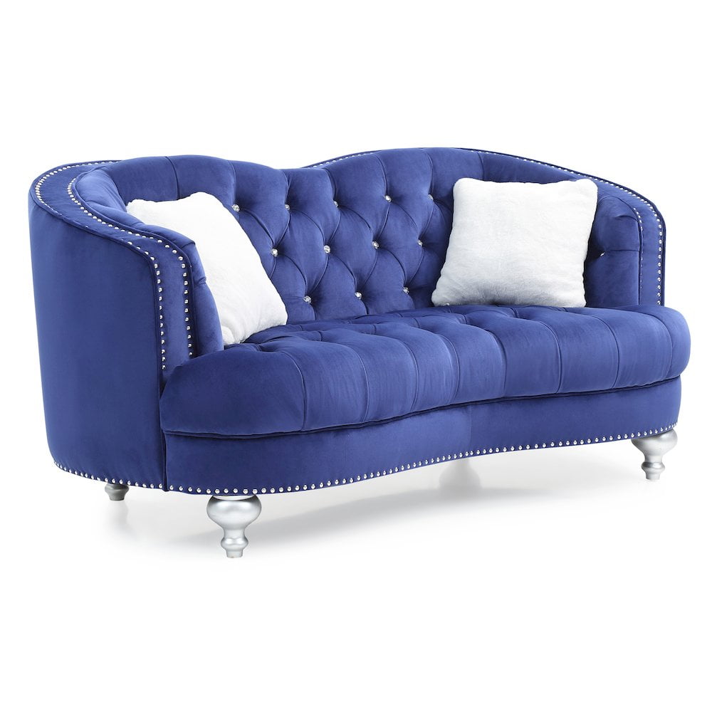 Blue Velvet Tufted Loveseat with Nailhead Trim