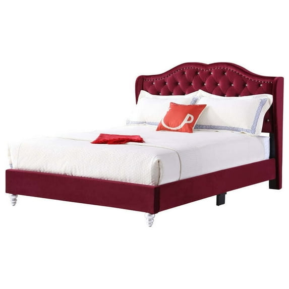 Glory Furniture Joy Velvet Upholstered King Bed in Cherry