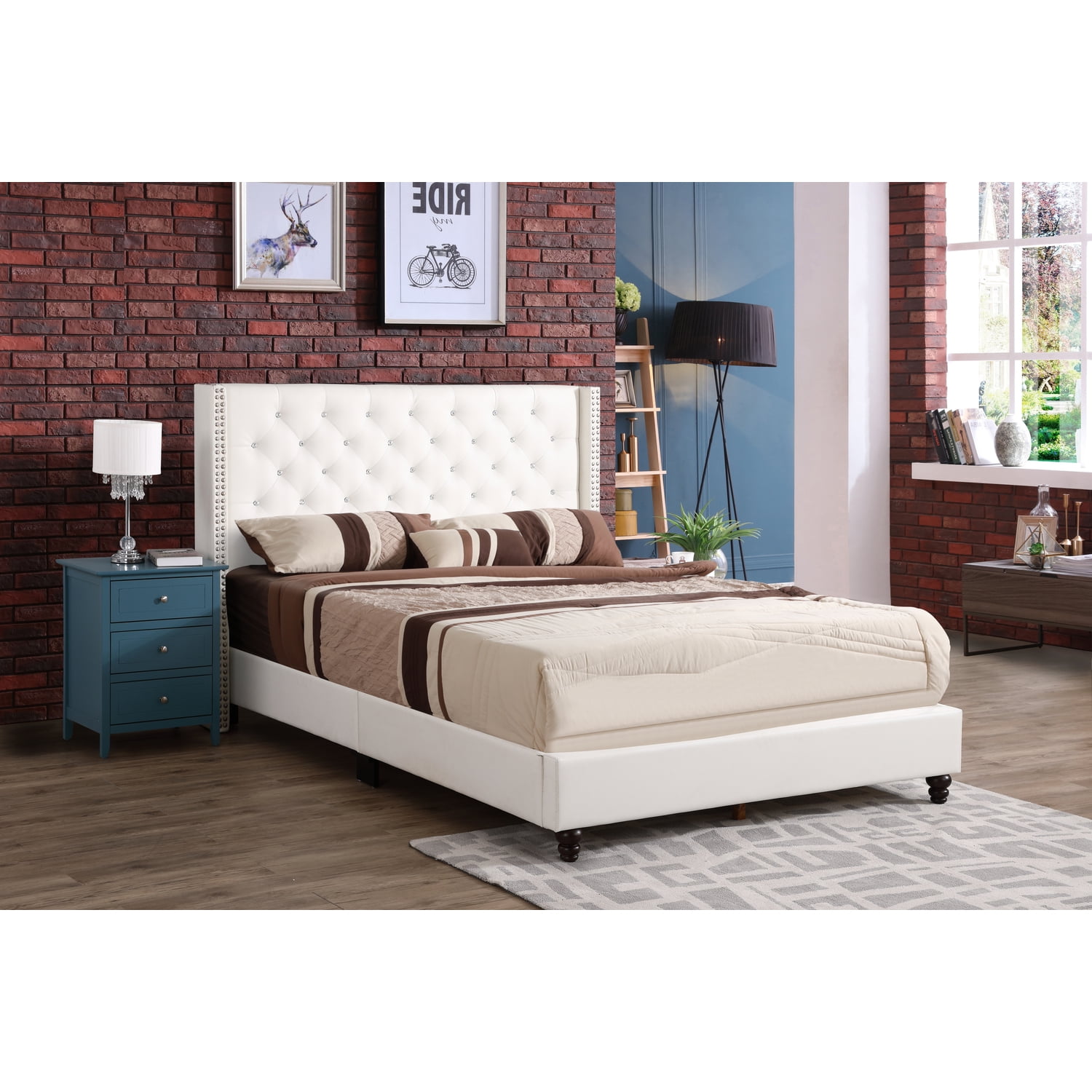 Contemporary White Queen Upholstered Bed with Nailhead Trim