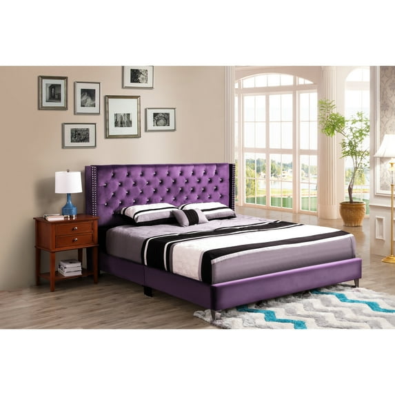 Glory Furniture Julie King Size Tufted Headboard Velvet Beds, Purple