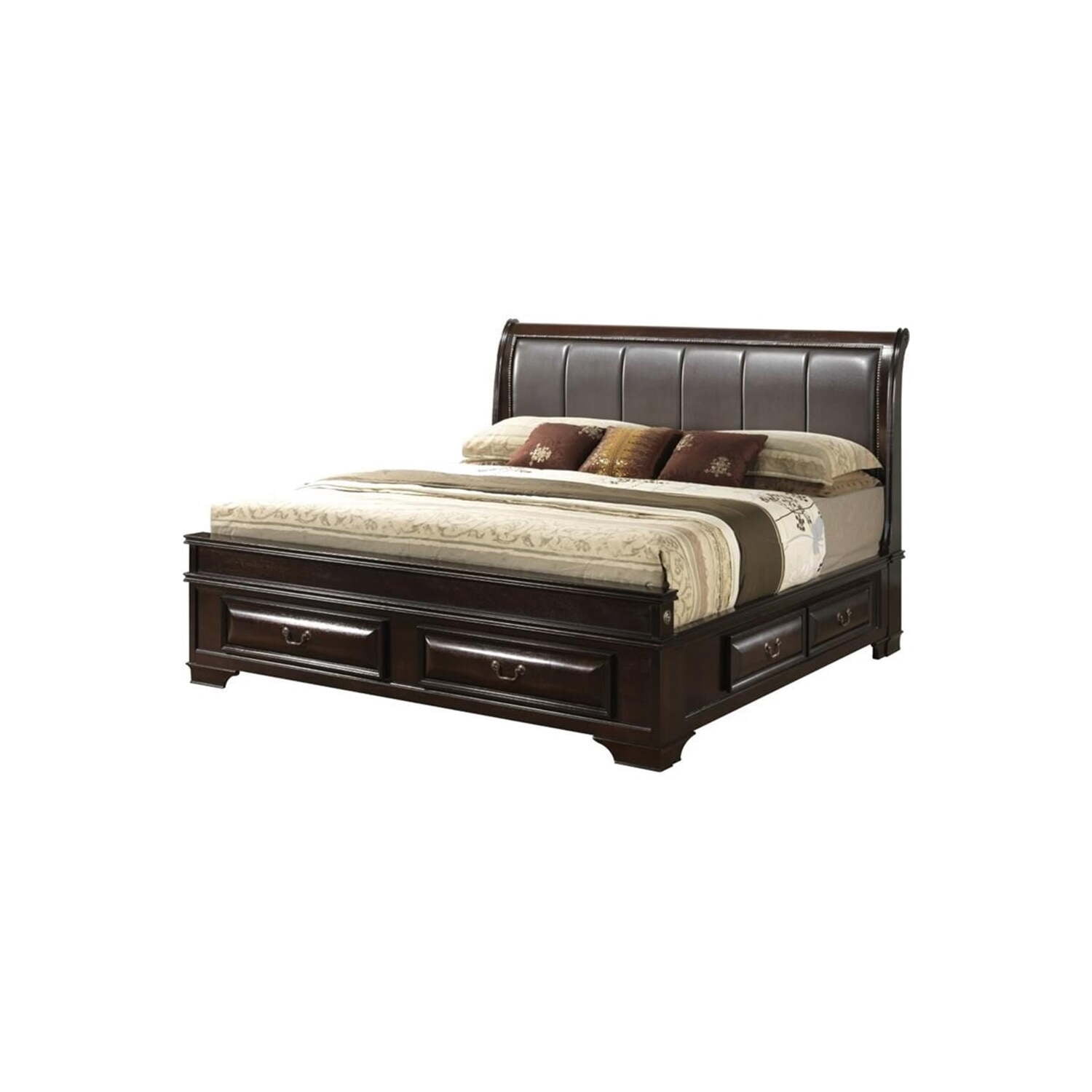 Cappuccino Full Storage Bed with Faux Leather Upholstered Headboard