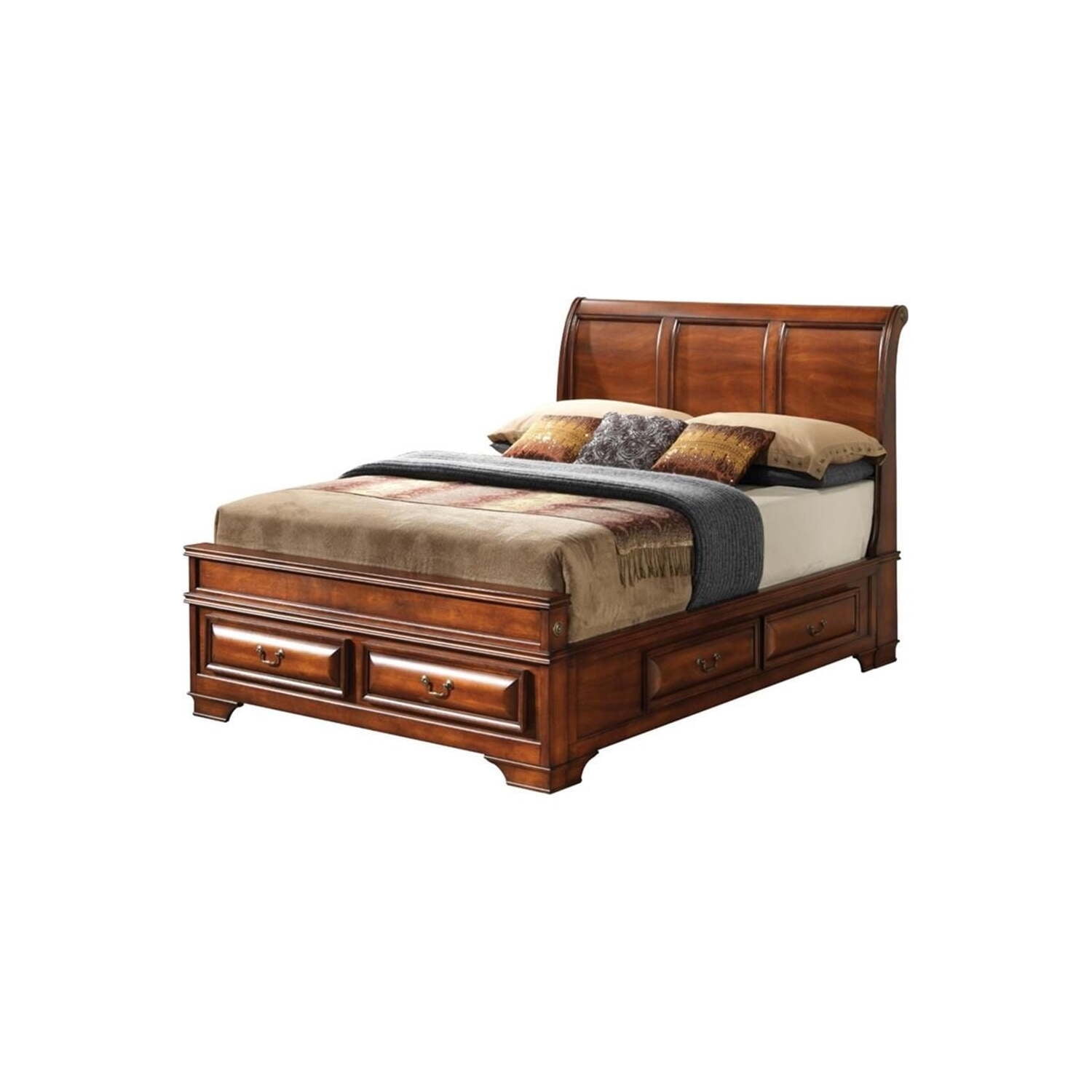 Oak Full Platform Bed with Storage and Tufted Upholstery