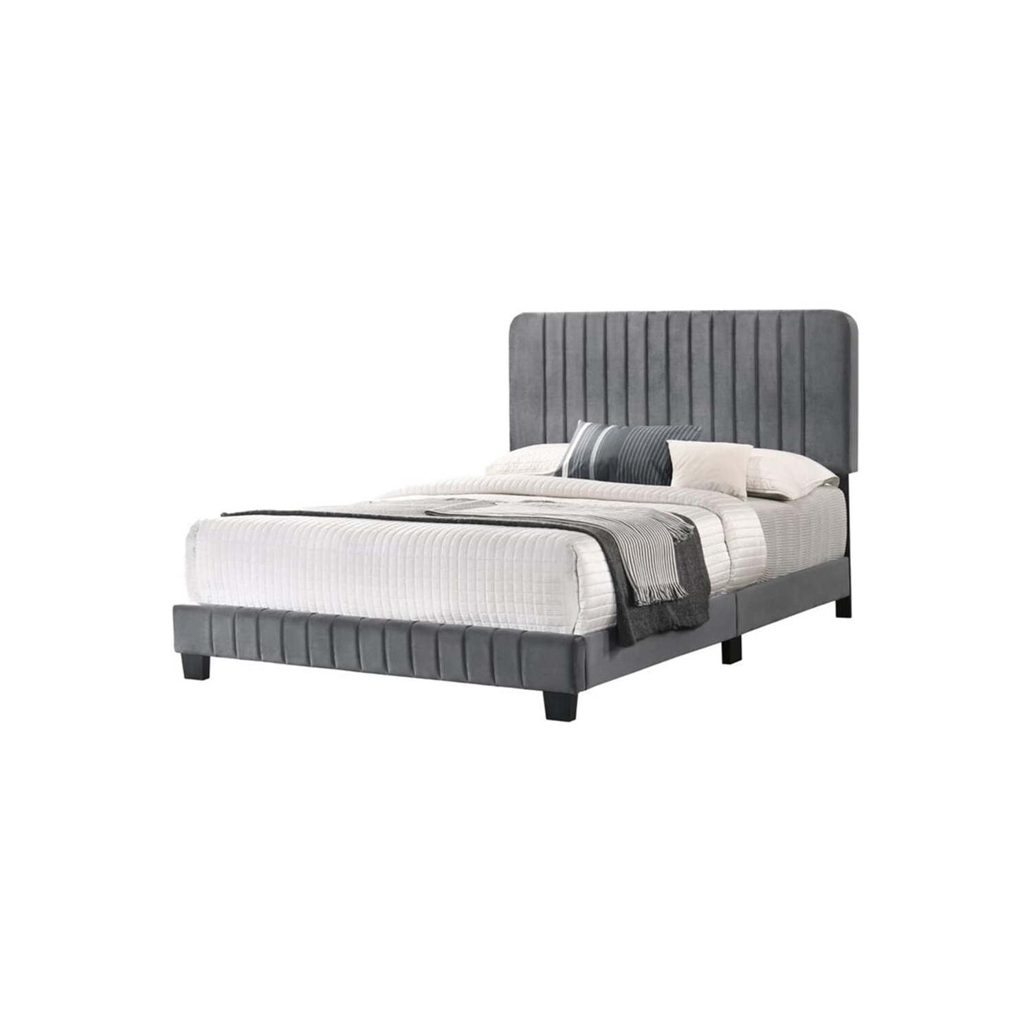 Elegant Gray Velvet Tufted King Bed with Upholstered Headboard