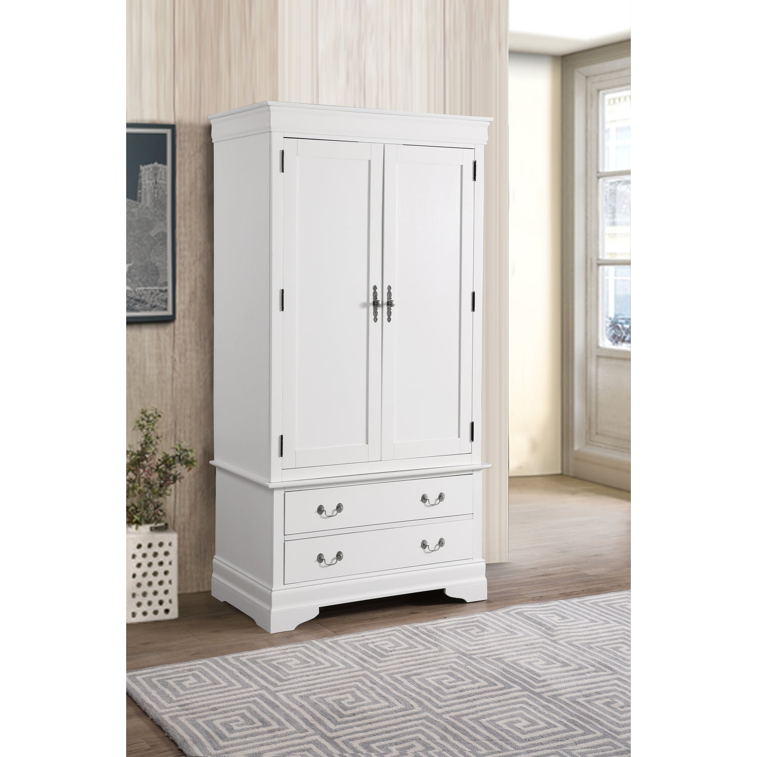 White Wood Veneer Transitional Armoire with Drawers