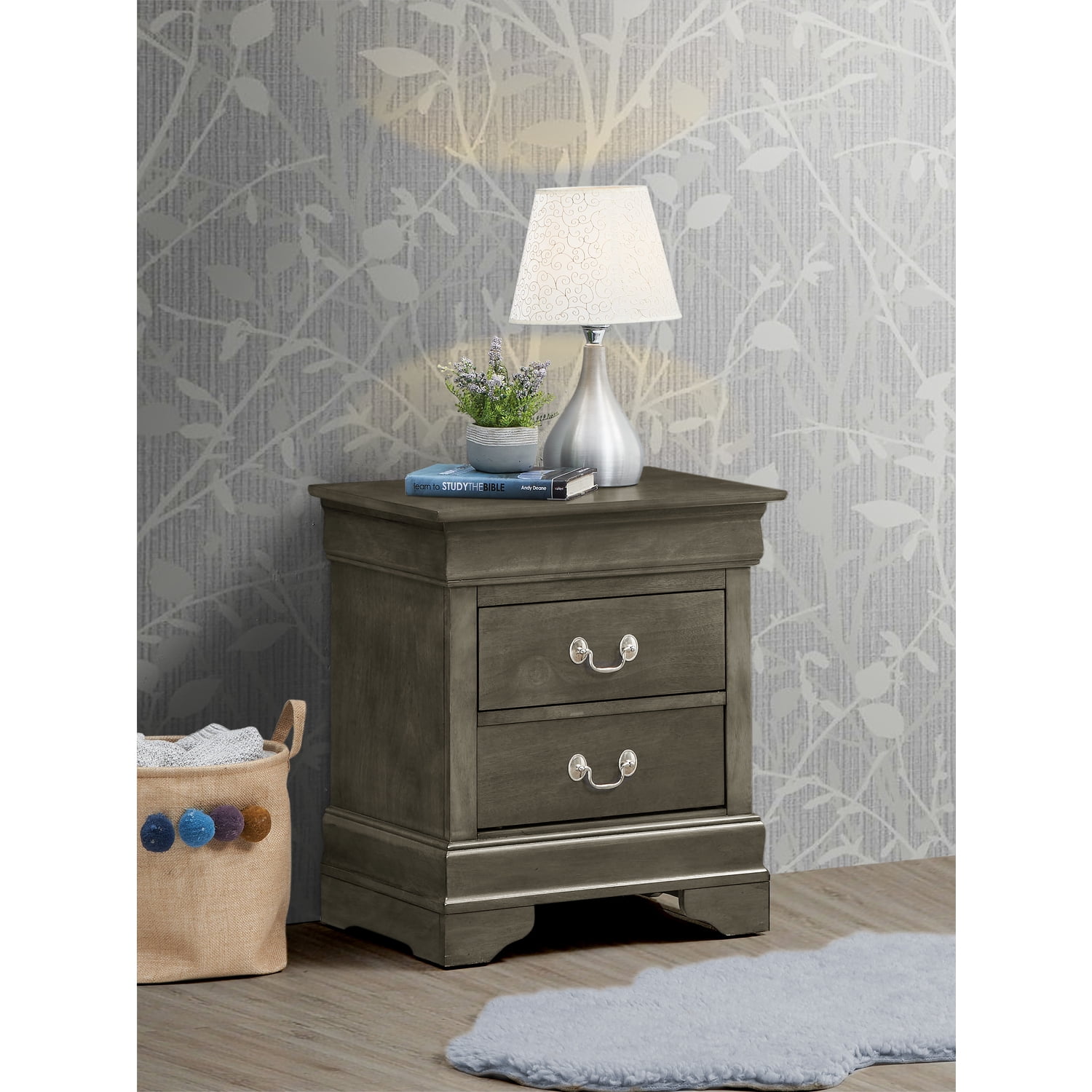 Transitional Gray Wood & Metal 2-Drawer Nightstand